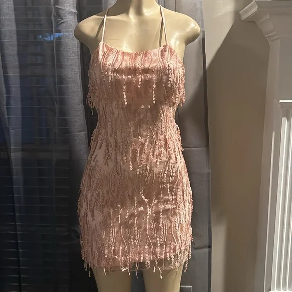 Lulus Pink Fringe Lace-Up Mini Dress size S - Picture 4 of 8